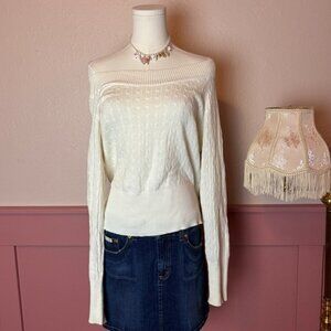 cottage coquette 90s gyaru off the shoulder cable knit long sleeve large white
